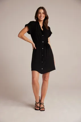 Belted Shirred Dress - Black