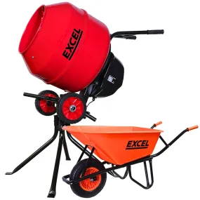 Excel 160L Portable Cement Mixer 240V/650W with 100L Wheelbarrow