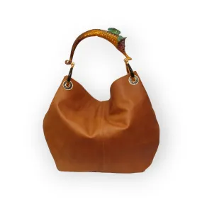 GRANDE BORSA IN MORBIDA PELLE BROWN CON MANICO CAVALLUCCIO MARINO