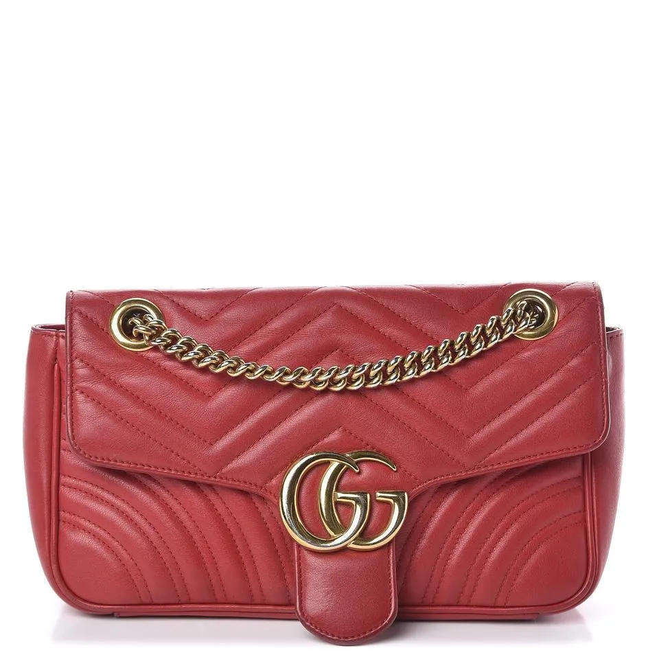 Gucci GG Marmont Shoulder Calfskin Matelasse Small Hibiscus Red Chevron Leather Cross Body Bag