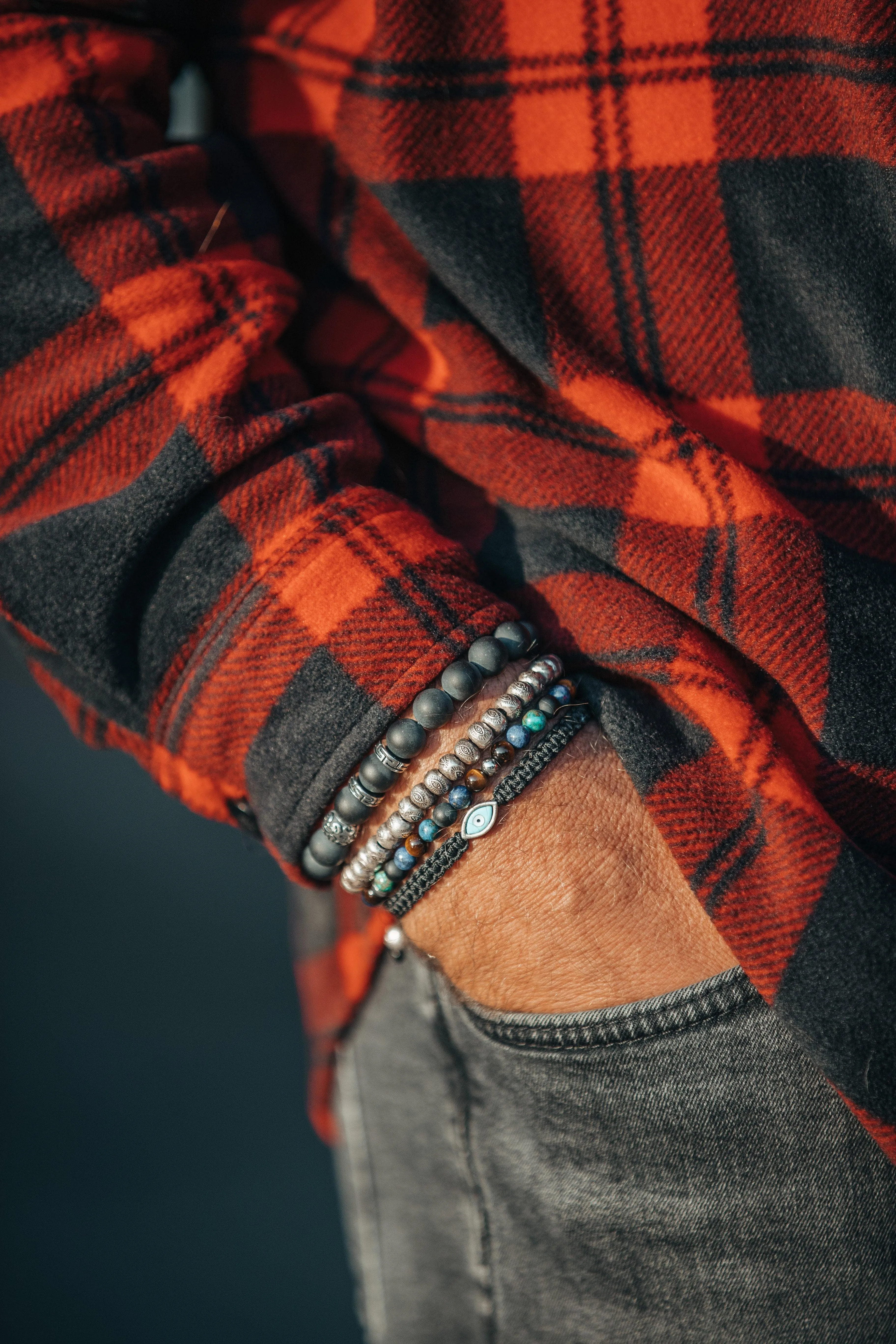 Men's Black String Bracelet with Silver Evil Eye