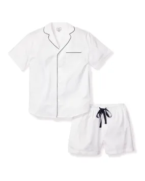 Men's Twill Pajama Short Set | White with Navy Piping